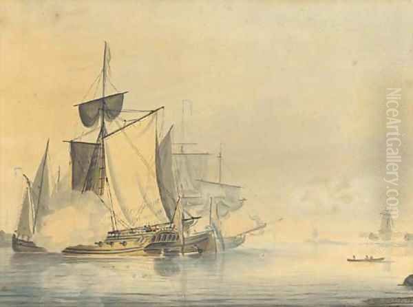 An Admiralty yacht firing a salute to signal her departure Oil Painting by John Thomas Serres