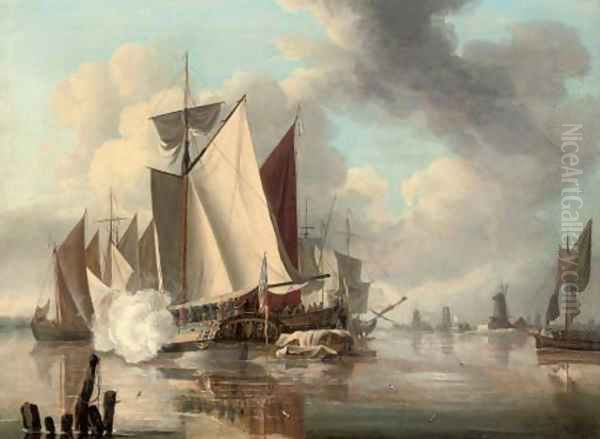 The Trinity Yacht firing a salute, a view of the Thames estuary beyond Oil Painting by John Thomas Serres