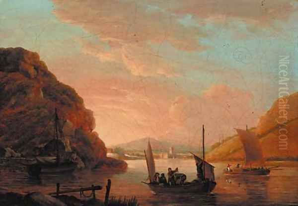 Fishermen in a boat in an extensive river landscape, a church beyond Oil Painting by John Thomas Serres