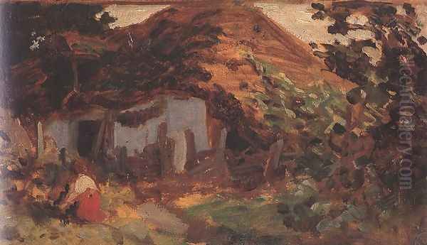 Farm-yard with Girl in Red Skirt 1885-90 Oil Painting by Bertalan Szekely