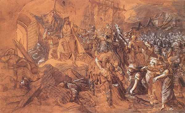 Zrinyis Charge from the Fortress of Szigetvar before 1884 Oil Painting by Bertalan Szekely