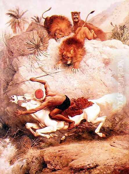 Arab Huntsman Chased by Lions Oil Painting by William Strutt