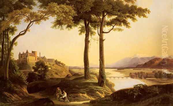 Figures in an Extensive River Landscape with a Castle Beyond Oil Painting by Francisque Jean Schaeffer-Berger