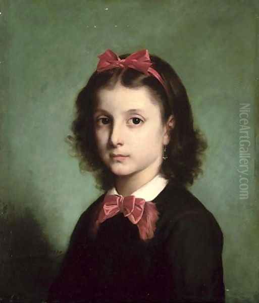 Portrait of a girl, bust-length, with a bow in her hair Oil Painting by Gaston-Casimir Saint-Pierre