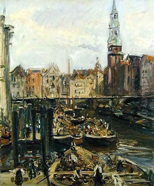 Floating Market on a canal in Hamburg, 1905 Oil Painting by Max Slevogt