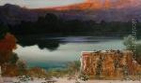 Lake Scene At Sunset Oil Painting by Enrique Serra y Auque