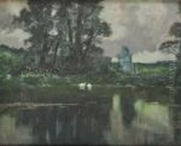 A Landscape With A Water Surface Oil Painting by Enrique Serra y Auque