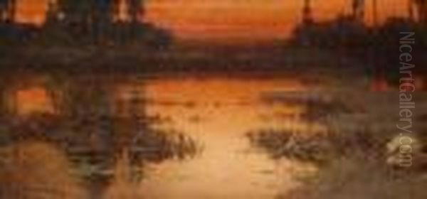 A Lake Landscape At Sunset Oil Painting by Enrique Serra y Auque