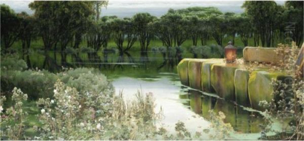 A Lagoon At Dusk Oil Painting by Enrique Serra y Auque