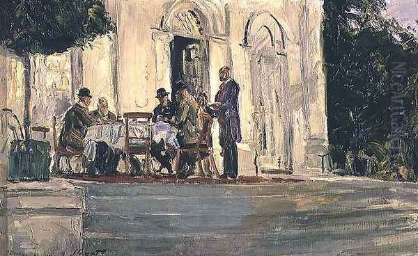 Dinner on the Badenburg Terrace at Castle Nymphenburg, 1908 Oil Painting by Max Slevogt