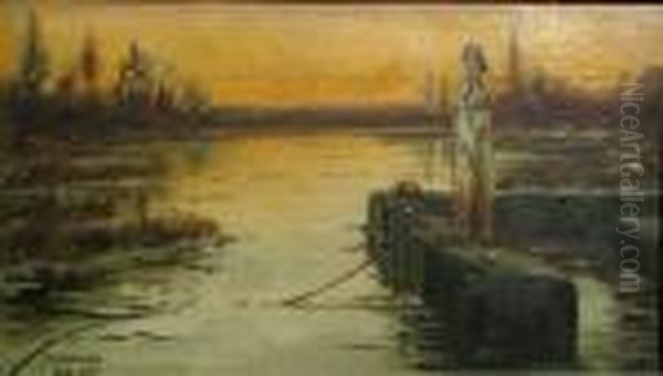 Sunset On A Marsh Oil Painting by Enrique Serra y Auque