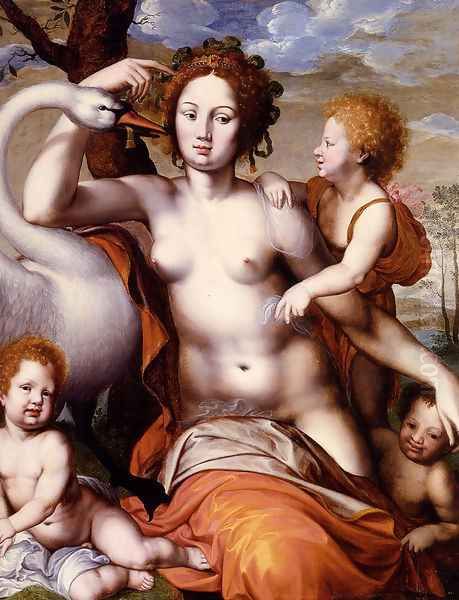 Leda With The Swan And Her Children Oil Painting by Vincent Sellaer