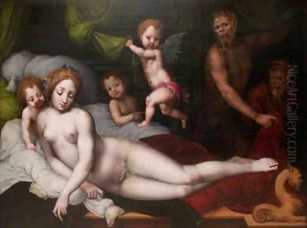 Jupiter with Satyr Antiope and their Children Amphion and Zethos Oil Painting by Vincent Sellaer