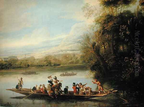 A landscape with a crowded ferry crossing the water in the foreground Oil Painting by Willem Schellinks