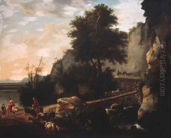 Cowherds and cattle on a footbridge in an Italianate landscape Oil Painting by Willem Schellinks