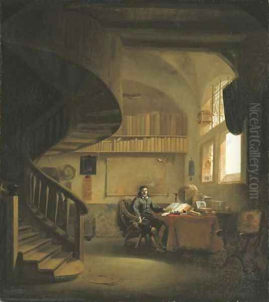 The interior of a study with a philosopher at a table by a window Oil Painting by Willem Schellinks