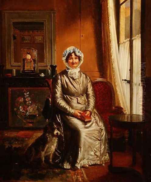 A lady with a dog in an interior Oil Painting by Henri Auguste Calixte Cesar Serrur