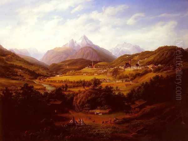 Berchtesgaden with the Watzmann Mountain in the distance Oil Painting by Anton Schiffer