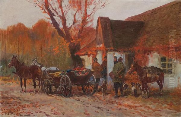 Autumn In Front Of The Manor Hause Oil Painting by Adam Setkowicz