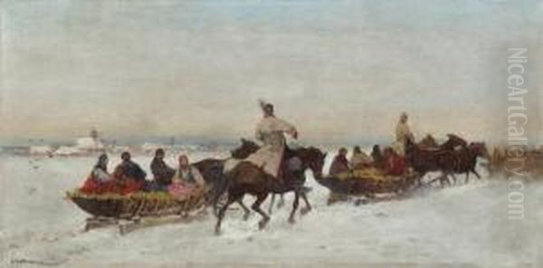 Sleigh Ride Near Krakow Oil Painting by Adam Setkowicz