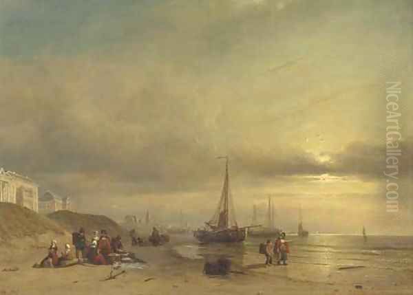 Sunset over the beach of Scheveningen, with the Badhuis and the Paviljoen von Wied in the foreground Oil Painting by Petrus Paulus Schiedges