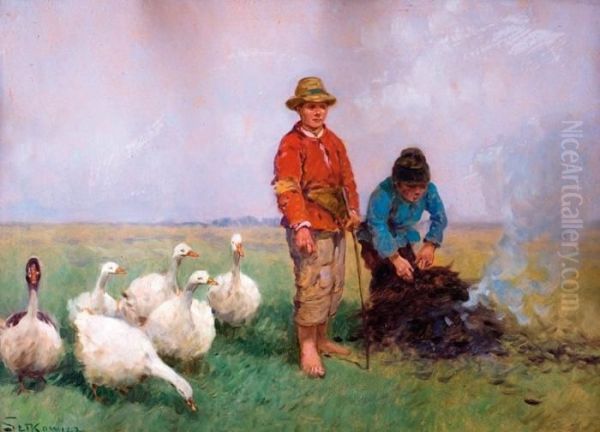 Pastuszkowie Rozpalajacy Ognisko Oil Painting by Adam Setkowicz