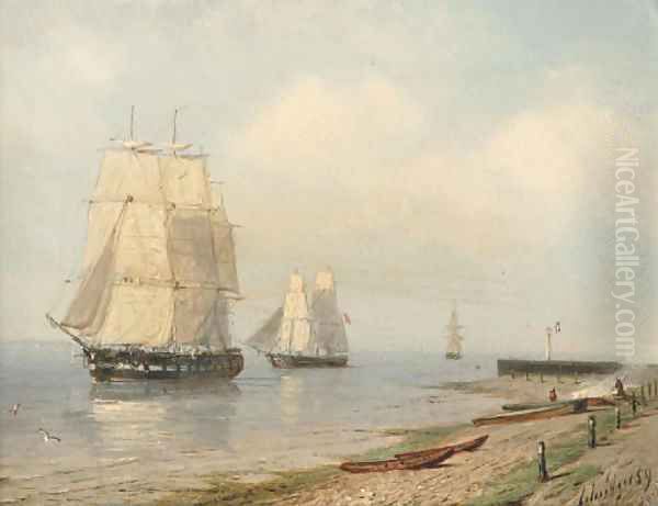 Sailingvessels along a shore Oil Painting by Petrus Paulus Schiedges