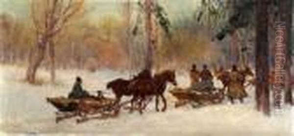 Sledges In The Snow Oil Painting by Adam Setkowicz