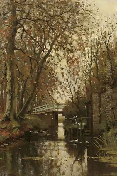 An autumn forest with a washerwoman near a bridge Oil Painting by Petrus Paulus Schiedges