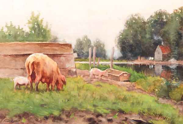 Pigs in a yard Oil Painting by Petrus Paulus Schiedges