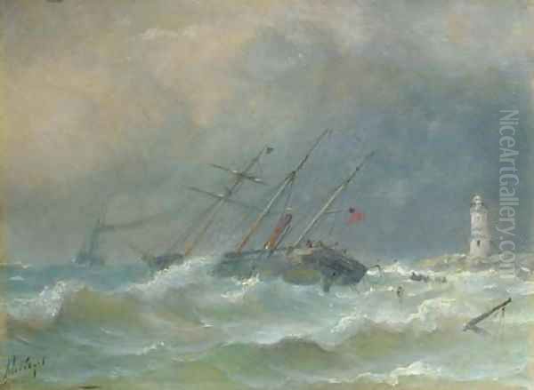 A three-master in distress near a coast Oil Painting by Petrus Paulus Schiedges