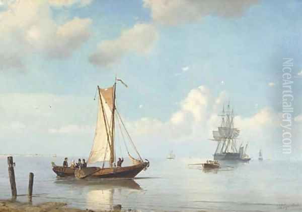 A three-master unloading on a calm summer's day Oil Painting by Petrus Paulus Schiedges