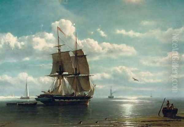 A two-master by a coast Oil Painting by Petrus Paulus Schiedges