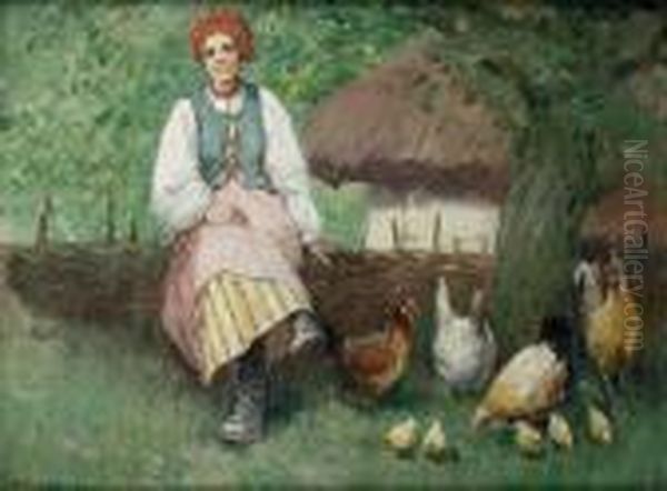 Dziewczyna Karmiaca Kury Oil Painting by Adam Setkowicz