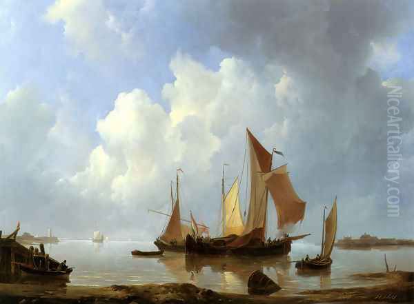 Shipping Vessels in an Estuary Oil Painting by Johannes Christian Schotel