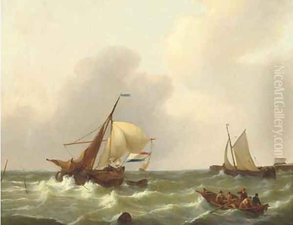 Dutch vessels on a choppy sea by a harbour entrance Oil Painting by Johannes Christian Schotel