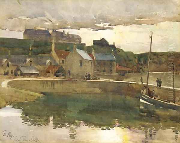 Boats in a harbour, thought to be Portknockie, Banff Oil Painting by Tom Scott