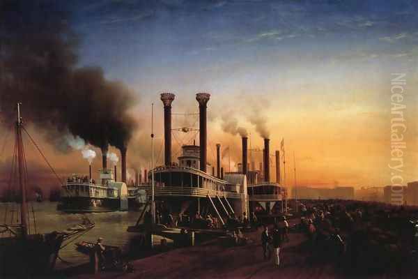 Giant Steaamboats at the Levee in New Orleans Oil Painting by Hyppolyte Victor Valentin Sebron