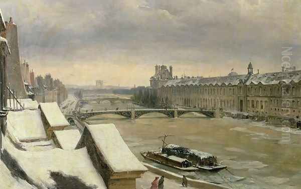 View of the Louvre in Winter Oil Painting by Hyppolyte Victor Valentin Sebron