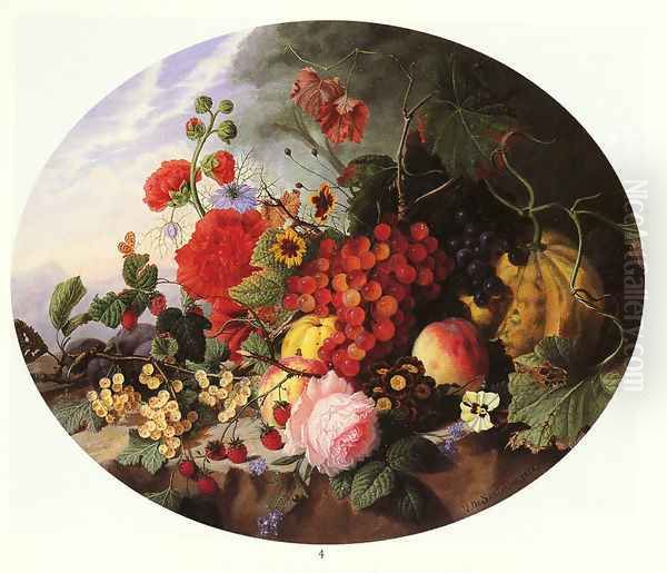 Still Life With Fruit and Flowers on a Rocky Ledge Oil Painting by Virginie de Sartorius