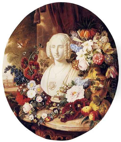 A Still Life With Assorted Flowers, Fruit And A Marble Bust Of A Woman Oil Painting by Virginie de Sartorius