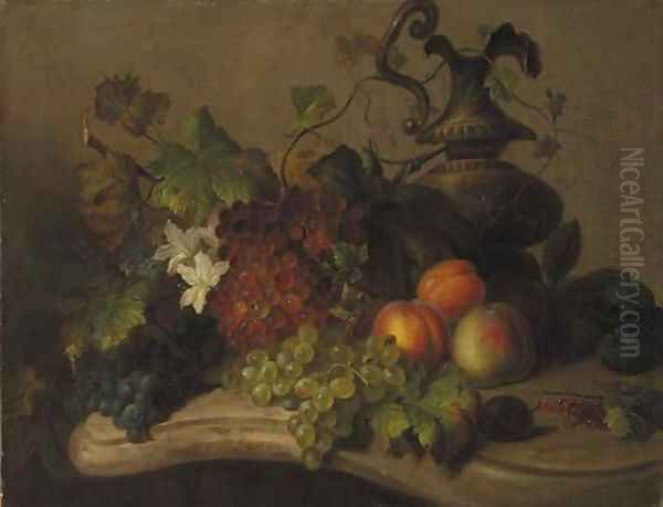 Still life with fruit and flowers on a marble ledge Oil Painting by Virginie de Sartorius