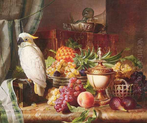 Still Life With Fruit and a Cockatoo Oil Painting by Josef Schuster