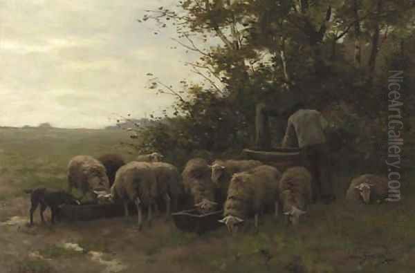 A shepherd and flock by a well on the heath Oil Painting by Willem II Steelink