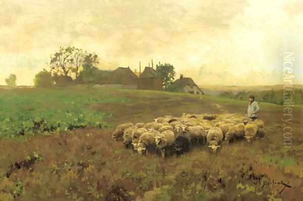 A shepherd with his flock by a farm Oil Painting by Willem II Steelink