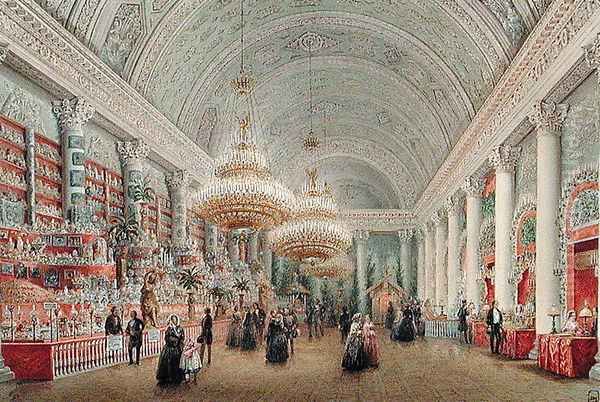 Charity Bazaar in the Banquet Chamber of the Yusupov Palace Oil Painting by Vasili Semenovich Sadovnikov