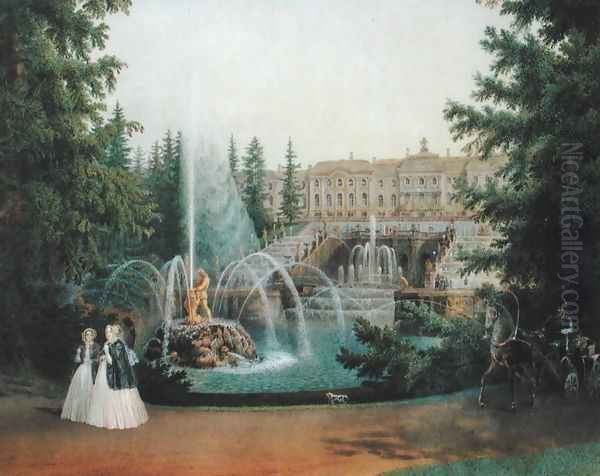 View of the Marly Cascade from the Lower Garden of the Peterhof Palace, c.1830-60 Oil Painting by Vasili Semenovich Sadovnikov