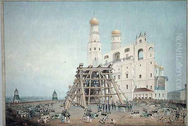 Raising of the Tsar-bell in the Moscow Kremlin in 1836, 1839 Oil Painting by Vasili Semenovich Sadovnikov