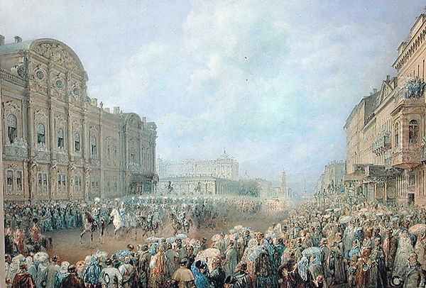 Military Review on the Nevsky Avenue at the Beloselsky-Belozersky Palace, 1859 Oil Painting by Vasili Semenovich Sadovnikov