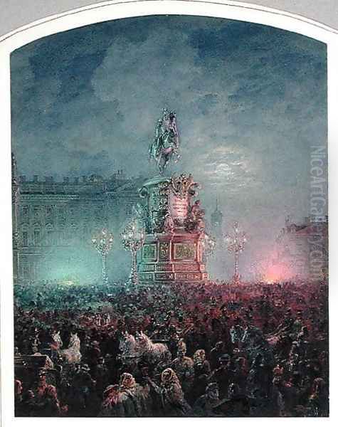 The Unveiling of the Nicholas I Memorial in St. Petersburg, 1857 Oil Painting by Vasili Semenovich Sadovnikov